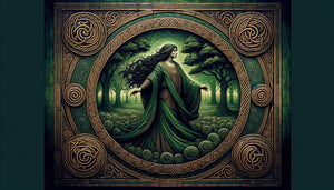 Peinture murale de mythologie celte avec motifs entrelacés traditionnels, divinité celtique et symboles triskèles, style art insulaire médiéval