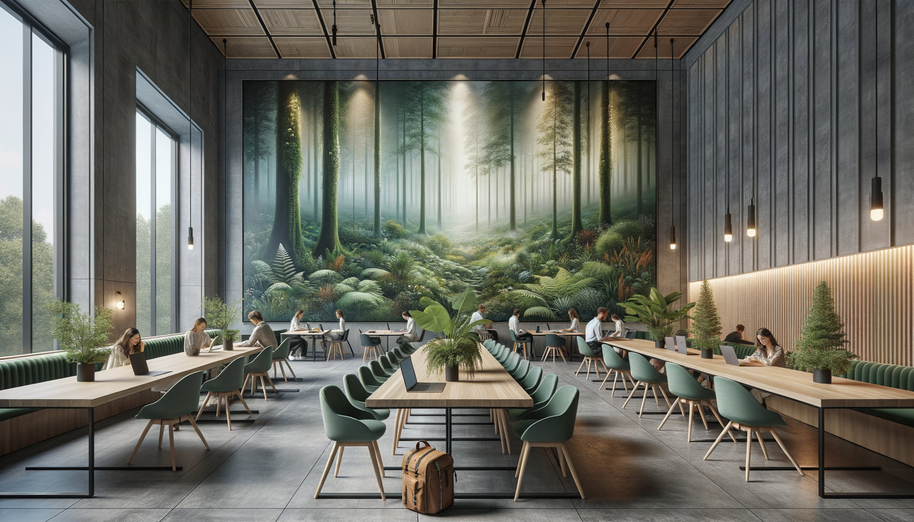 Espace de coworking contemporain avec grande fresque murale de forêt naturelle inspirante et postes de travail collaboratifs
