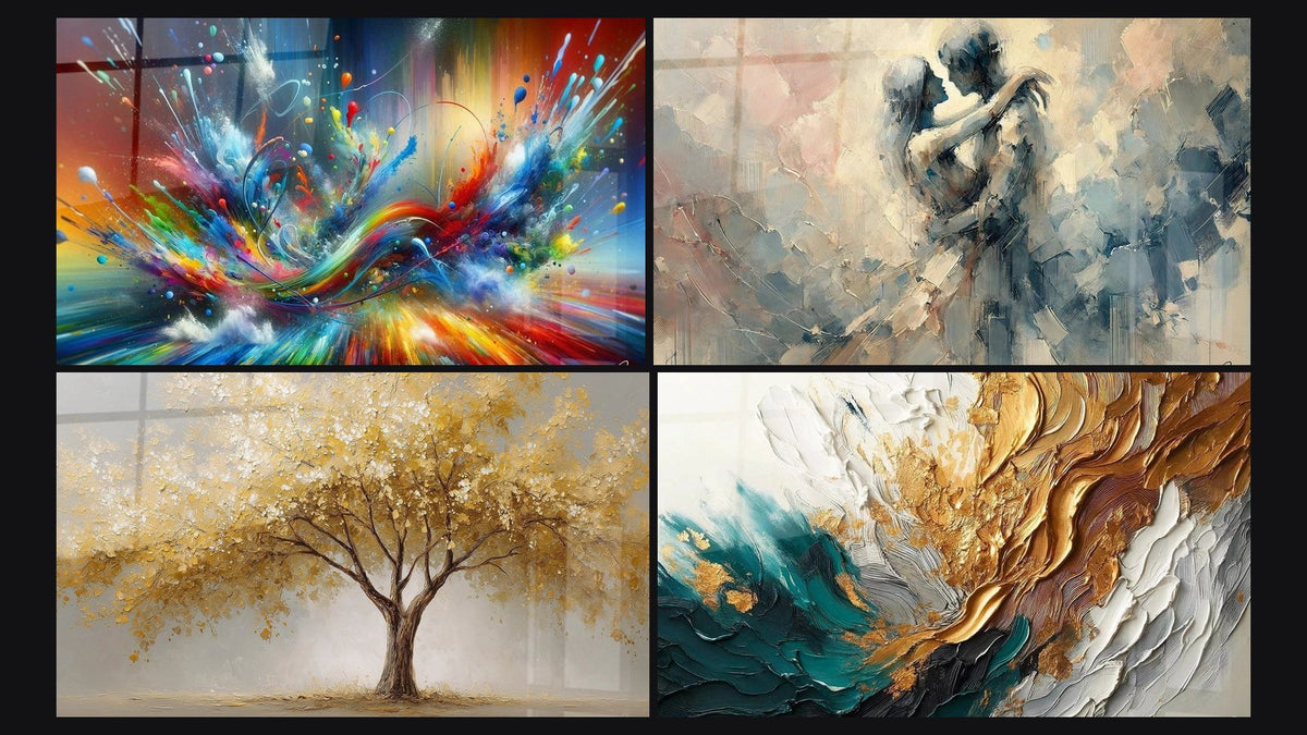 Mosaico di quattro quadri, tra cui Big Bang Artistico Brillante, Tra Noi e Traccia in Oro e Giada