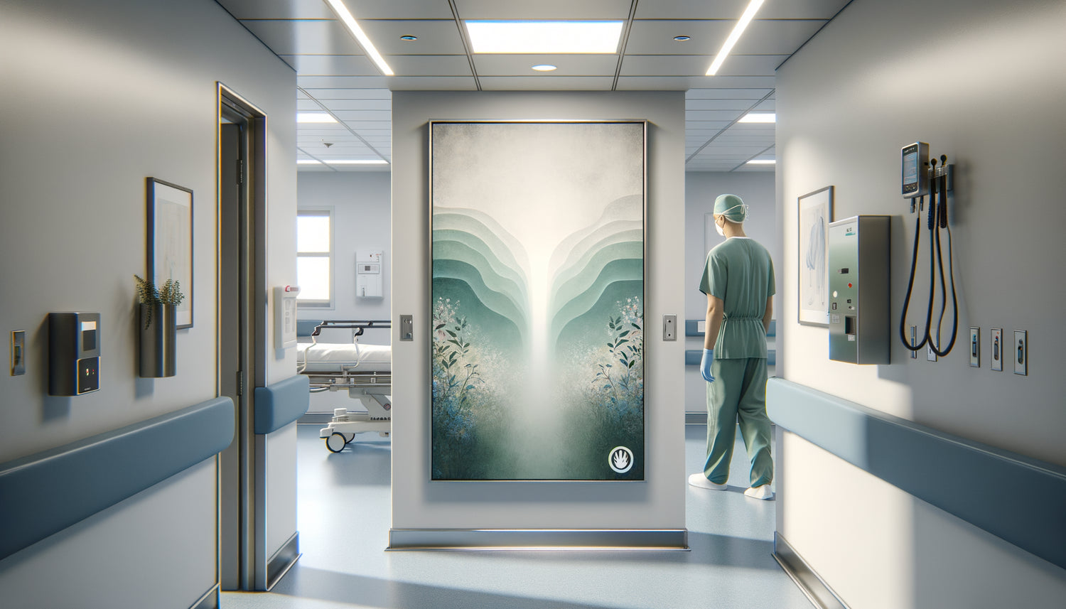 Tableau mural professionnel à surface non poreuse installé dans un corridor d'hôpital moderne aux normes d'hygiène médicales
