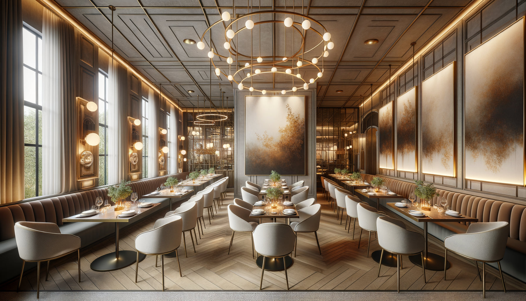 Salle de restaurant contemporaine élégante avec grand tableau mural aux proportions idéales pour 40 couverts