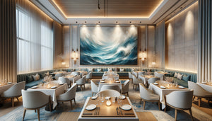 Mur de restaurant fruits de mer avec tableau marin abstrait aux tons bleus et turquoise, ambiance maritime contemporaine élégante