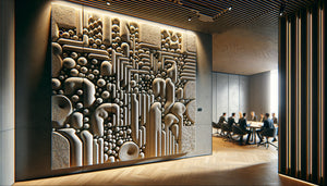 Panneau mural texturé acoustique en relief dans un espace de coworking moderne, texture dimensionnelle absorbant le son