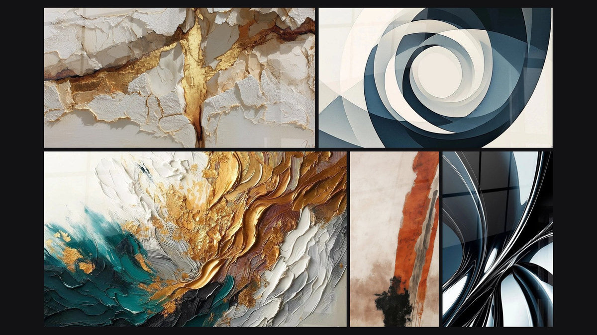 Mosaic of five paintings, including Trace Artwork in Gold and Jade, Vortex Azure and Metallic chrome spiral