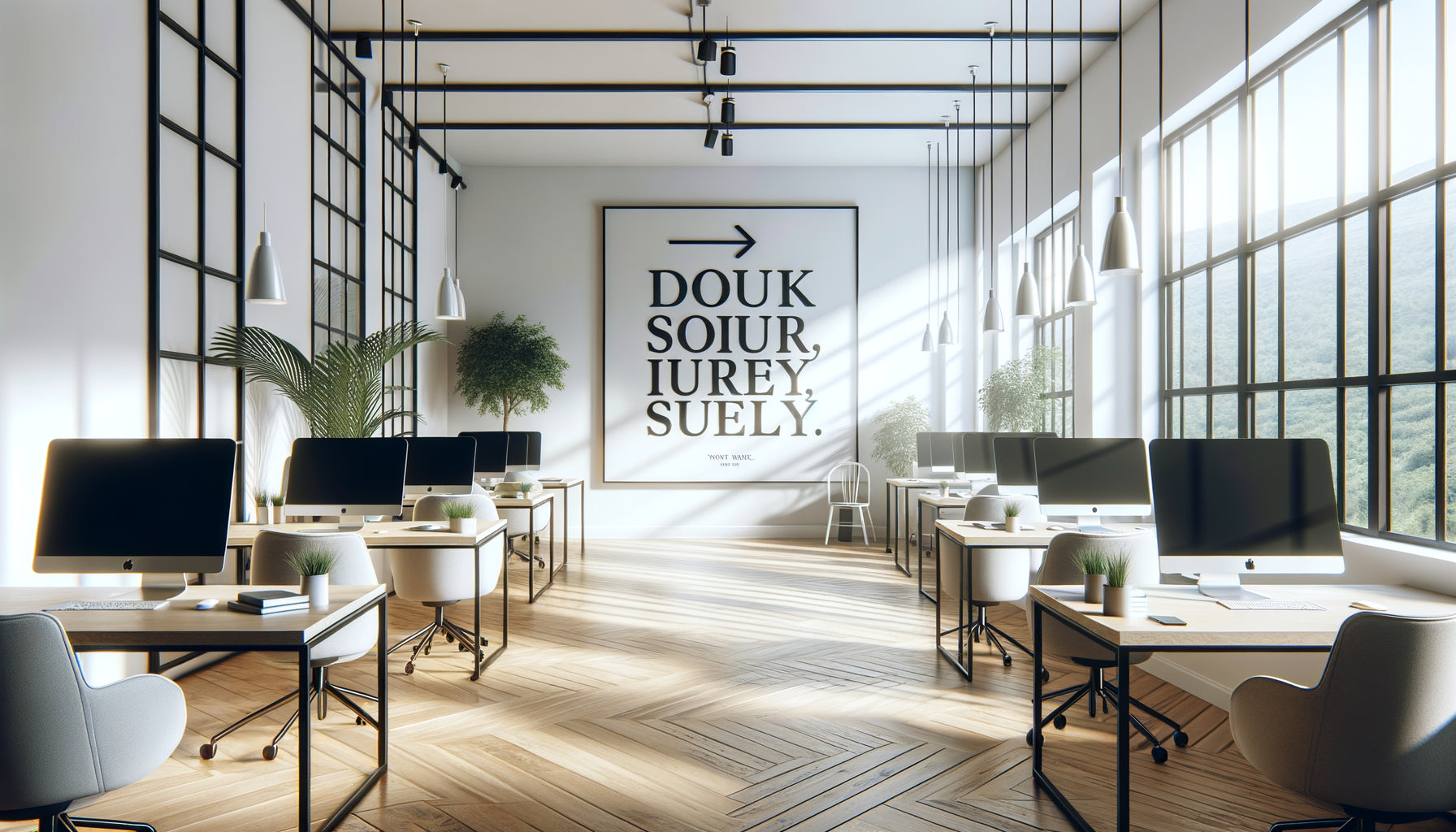 Tableau mural typographique minimaliste noir sur blanc dans un espace startup moderne avec phrase inspirante en typographie sans-serif