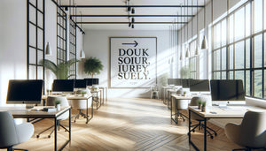 Tableau mural typographique minimaliste noir sur blanc dans un espace startup moderne avec phrase inspirante en typographie sans-serif