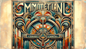 Tableau mural vintage commercial années 1950 combinant influences Art Nouveau, Art Déco et réalisme social avec patine authentique