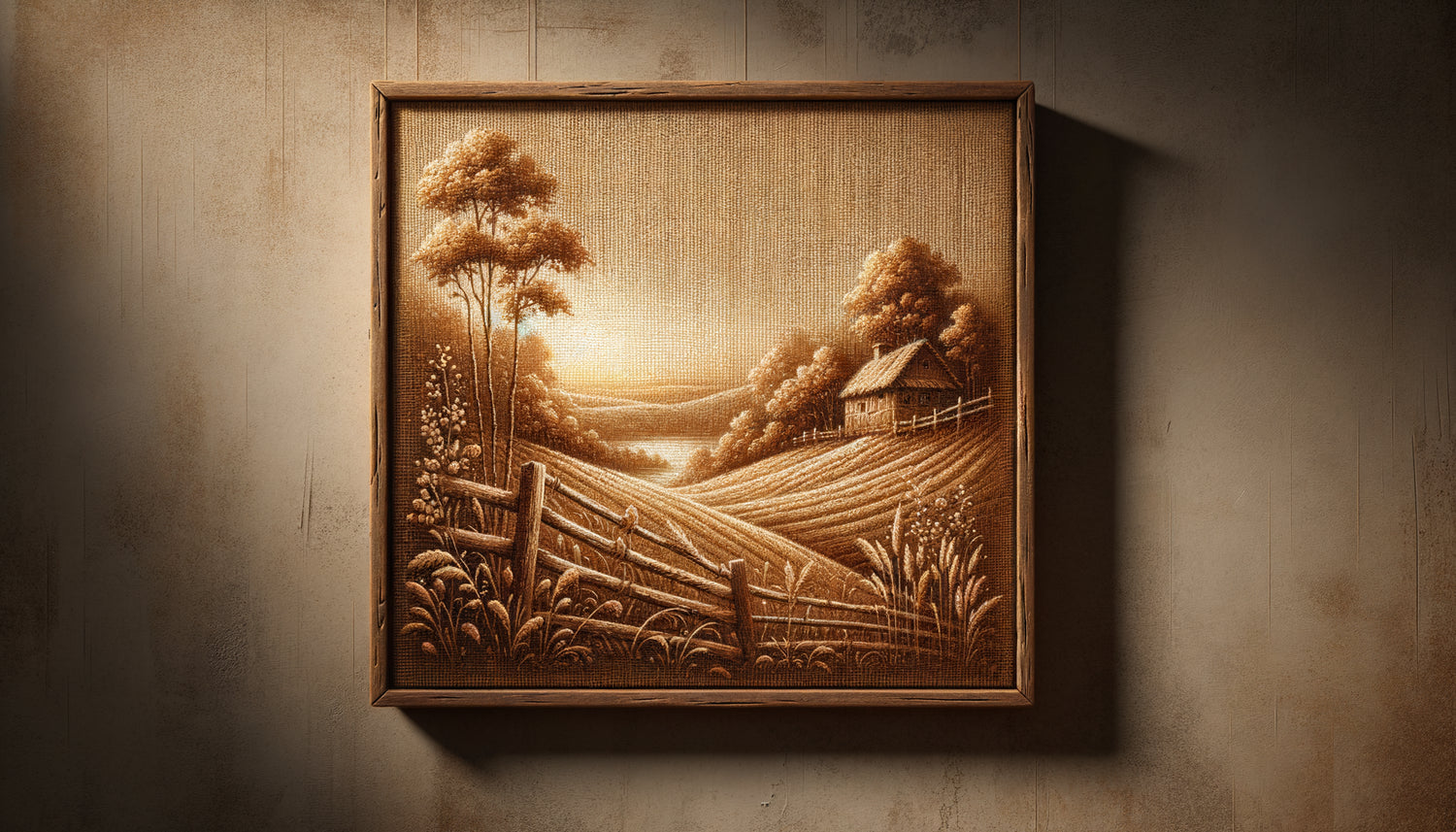 Tableau mural vintage années 1960-70 peint sur toile de jute naturelle montrant la texture rustique caractéristique du tissage artisanal