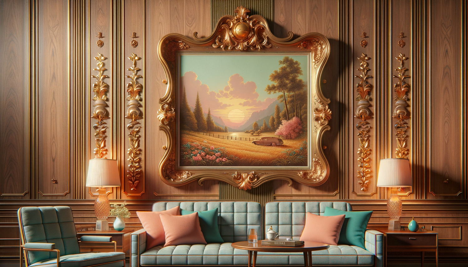 Tableau mural décoratif vintage Turner Manufacturing années 1960 avec cadre doré baroque dans intérieur mid-century américain