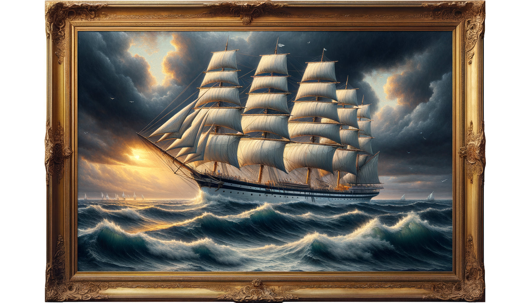 Tableau vintage de voilier à trois mâts sur mer agitée, style maritime romantique 1850-1950, cadre doré