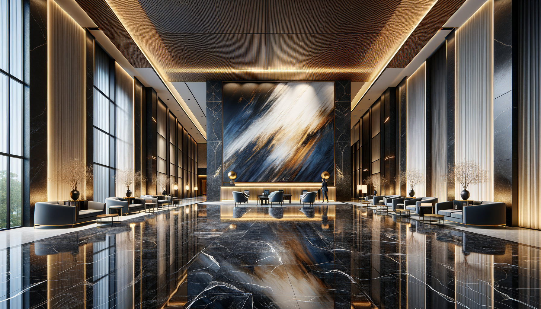 Hall de réception luxueux avec tableau mural XXL monumental occupant un mur entier, design contemporain haut de gamme