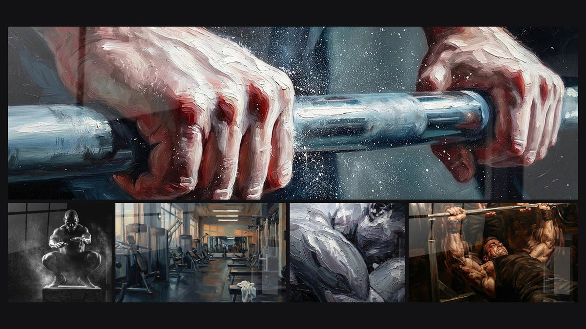 Mosaic of five paintings, including Gripping Barbell Hands, Athlete Weightlifting and Modern Gym