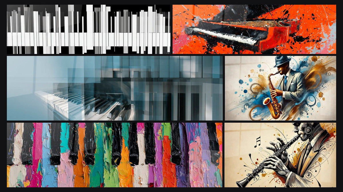 Mosaïque de six tableaux, dont Musique noir et blanc touches désaccordées, Jazz N°2 et Clarinette N°1