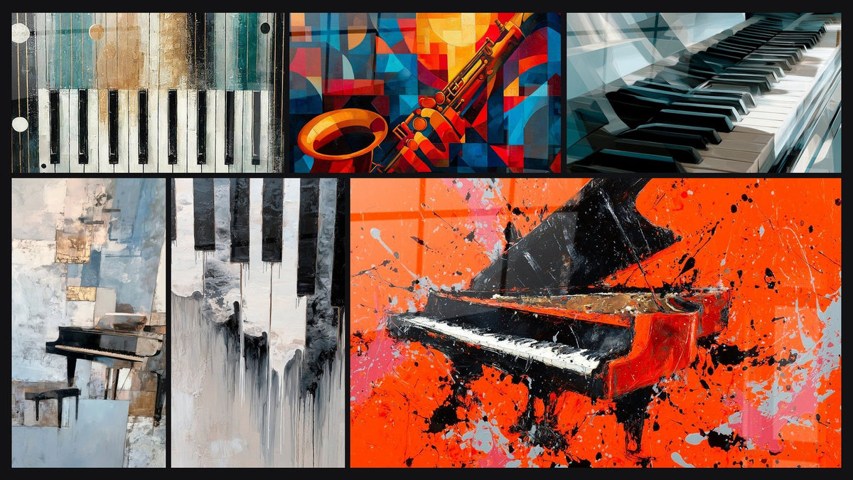 Mosaic of six paintings, including Symphony in Abstraction, Black and Ivory Music and Orange and Grey Music
