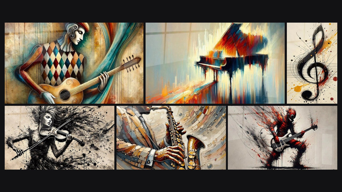 Mosaïque de six tableaux, dont Musicien N°1- Edition Musique Abstrait, Musicien N°2 et Piano rêveur