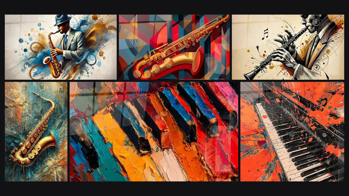 Μωσαϊκό από έξι πίνακες, ανάμεσά τους Jazz No.2, Jazz σε Χρυσό και Μουσικής σαξόφωνο χρυσό μπλε γεωμετρικό