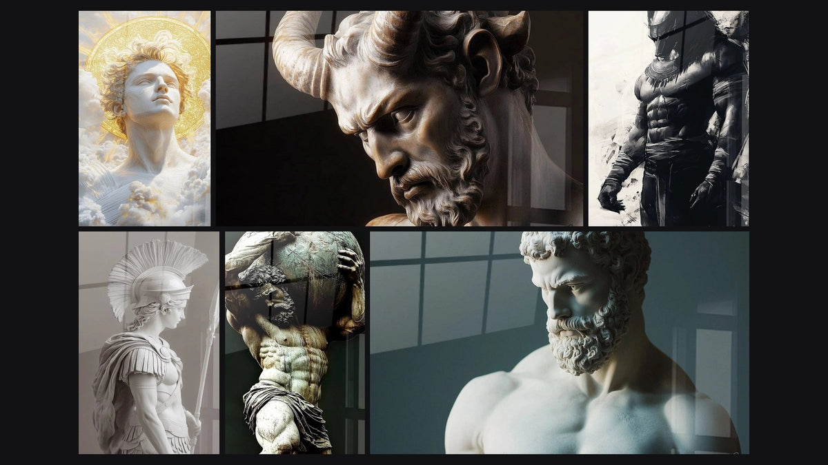 Mosaïque de six tableaux, dont Apollon N°1, Athena N°1 et Atlas N°1