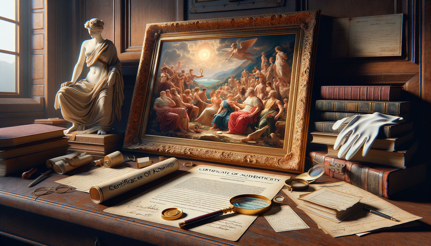 Tableau mythologique ancien avec certificats d'authenticité et documents de provenance sur bureau de collectionneur