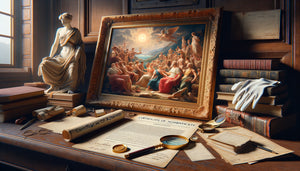 Tableau mythologique ancien avec certificats d'authenticité et documents de provenance sur bureau de collectionneur