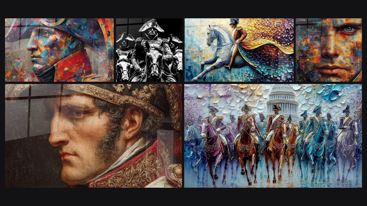 Mozaika sześciu obrazów, w tym Napoleon Burza Pikseli, Napoleon Napoleon i Napoleon Bonaparte Spojrzenie Orła