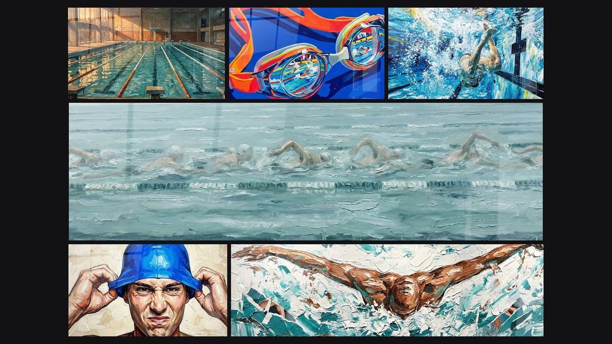 Mosaïque de six tableaux, dont Piscine Olympique Vintage, Nageurs en Piscine et Lunettes de Natation