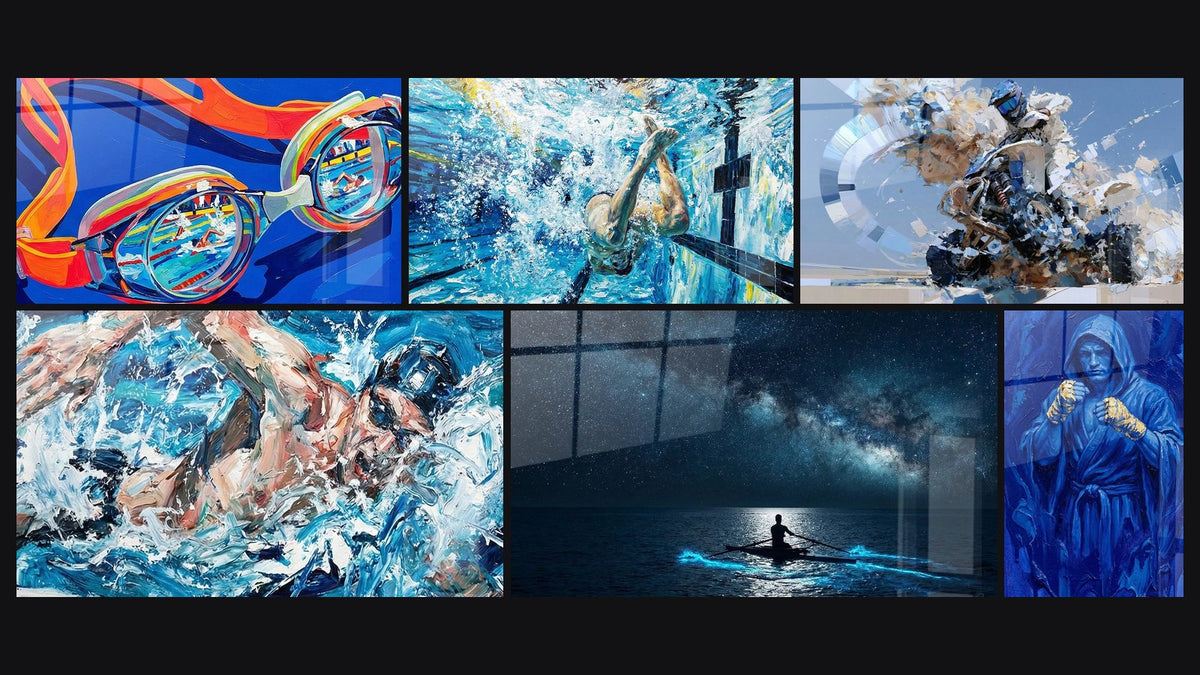 Mosaïque de six tableaux, dont Lunettes de Natation, Nageur Plongée Synchronisée et Natation Artistique