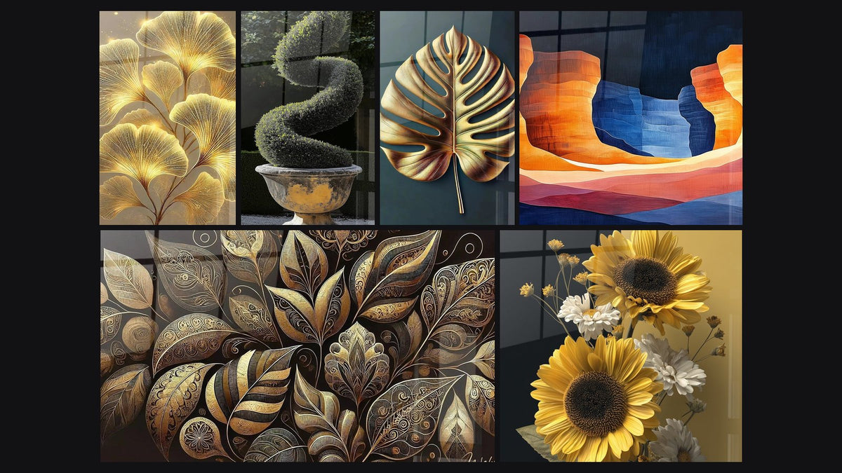 Mosaic of six paintings, including Natural Brilliance, Boxwood Wall Art No. 1 and Luxury Foliage