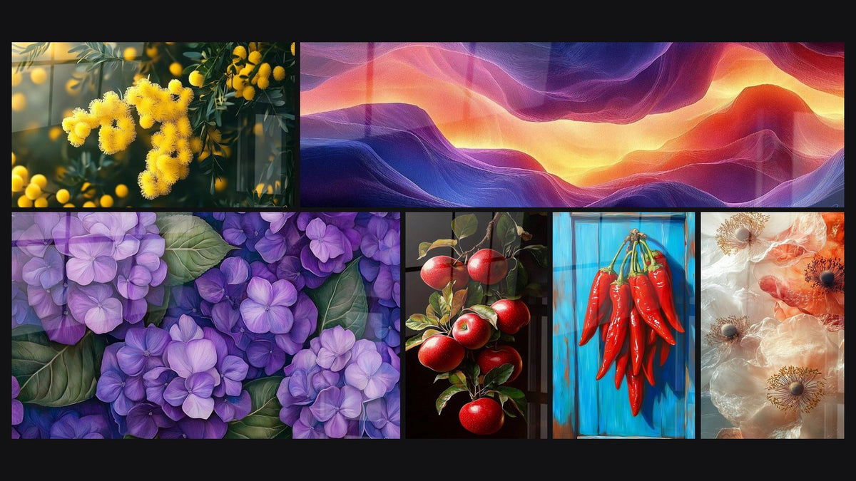Mosaïque de six tableaux, dont Mimosa N°1, Fusion Solaire et Hortensia N°1