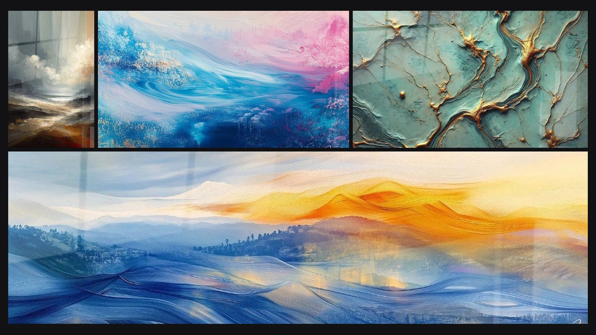 Mosaïque de quatre tableaux, dont Clarté à l'Horizon, Méditation Infinie Bleue et Rivage Mouvant