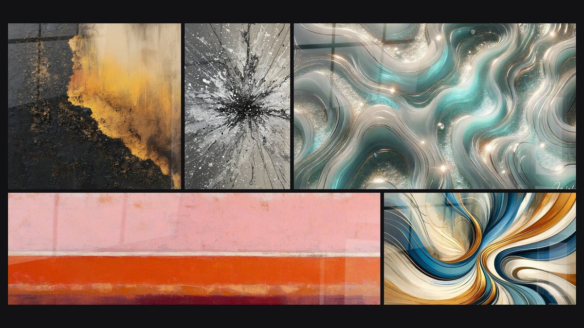 Mosaic of five paintings, including Shimmering Waves and Elegant Spirals