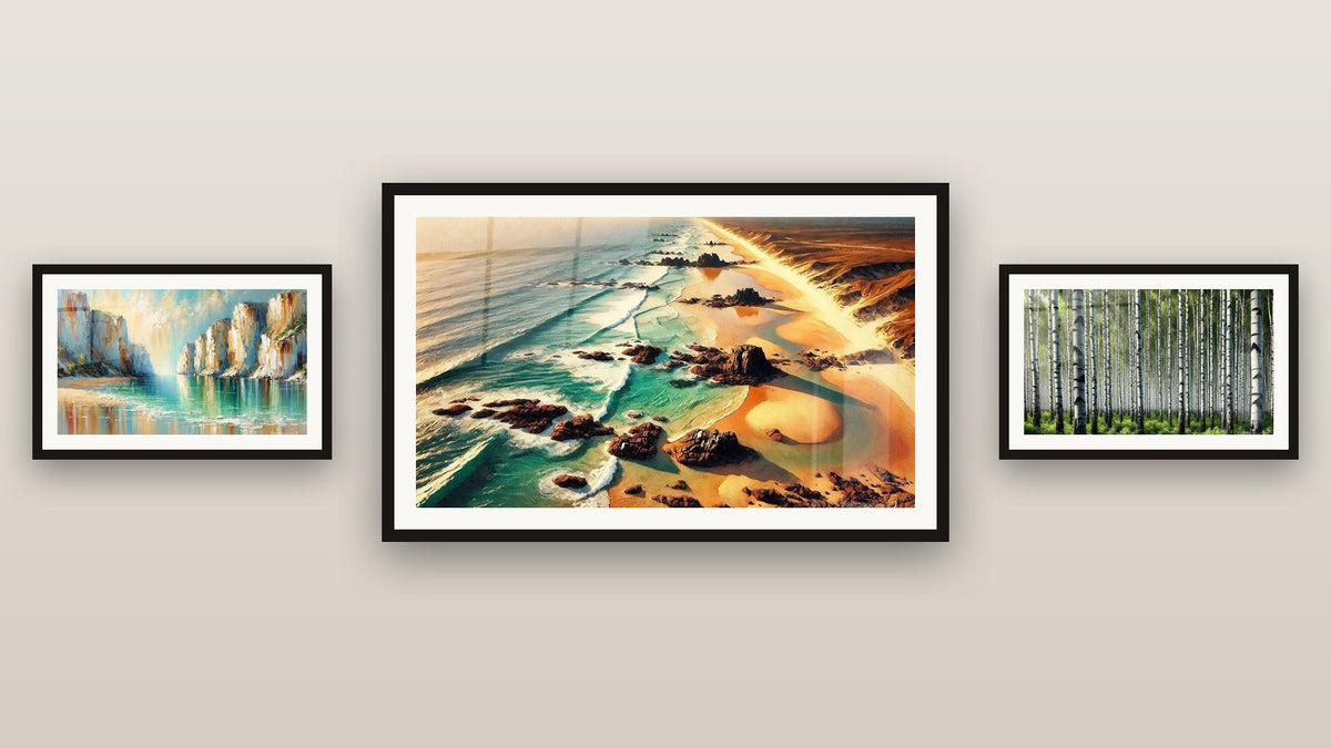 Gallery wall with three framed paintings: Dunes and Waves, Tree Trunk Wall and Dream Beach