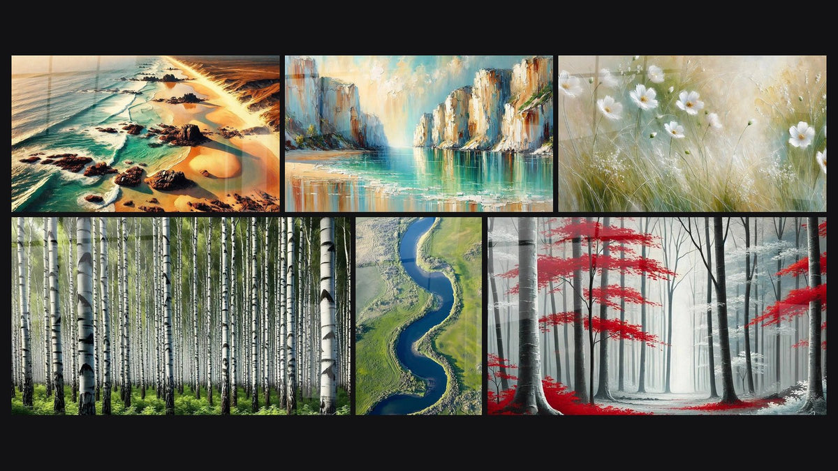 Mosaïque de six tableaux, dont Dunes et Vagues, Mur de Tronc et Plage des Rêves