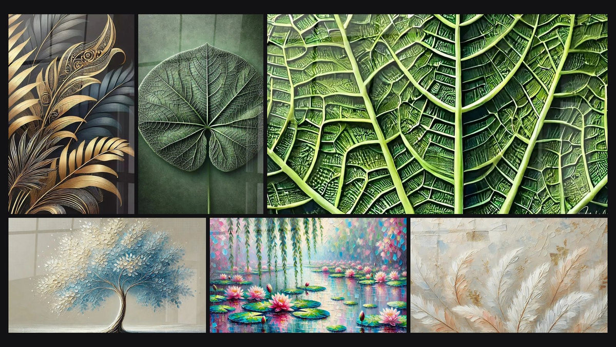 Mosaïque de six tableaux, dont Raffinement Végétal, Symétrie Verte et Souffle d'Éther