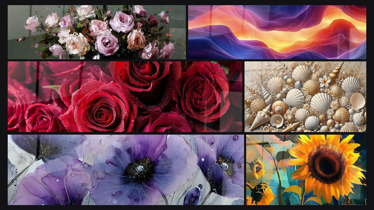 Mosaïque de six tableaux, dont Roses roses et crème en vase sombre et Roses rouges et bordeaux en bouquet serré