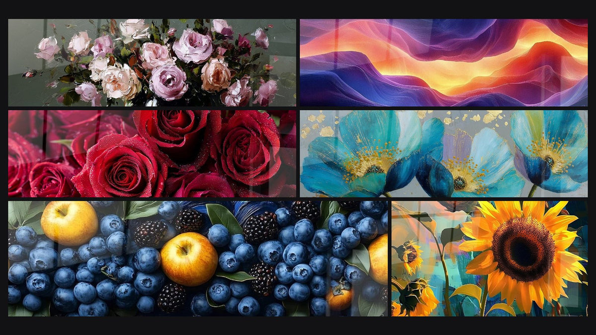 Mosaïque de six tableaux, dont Roses roses et crème en vase sombre et Roses rouges et bordeaux en bouquet serré