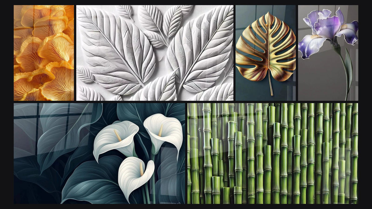 Mosaïque de six tableaux, dont Champignon N°1, Arum N°2 et Lignes de Nature