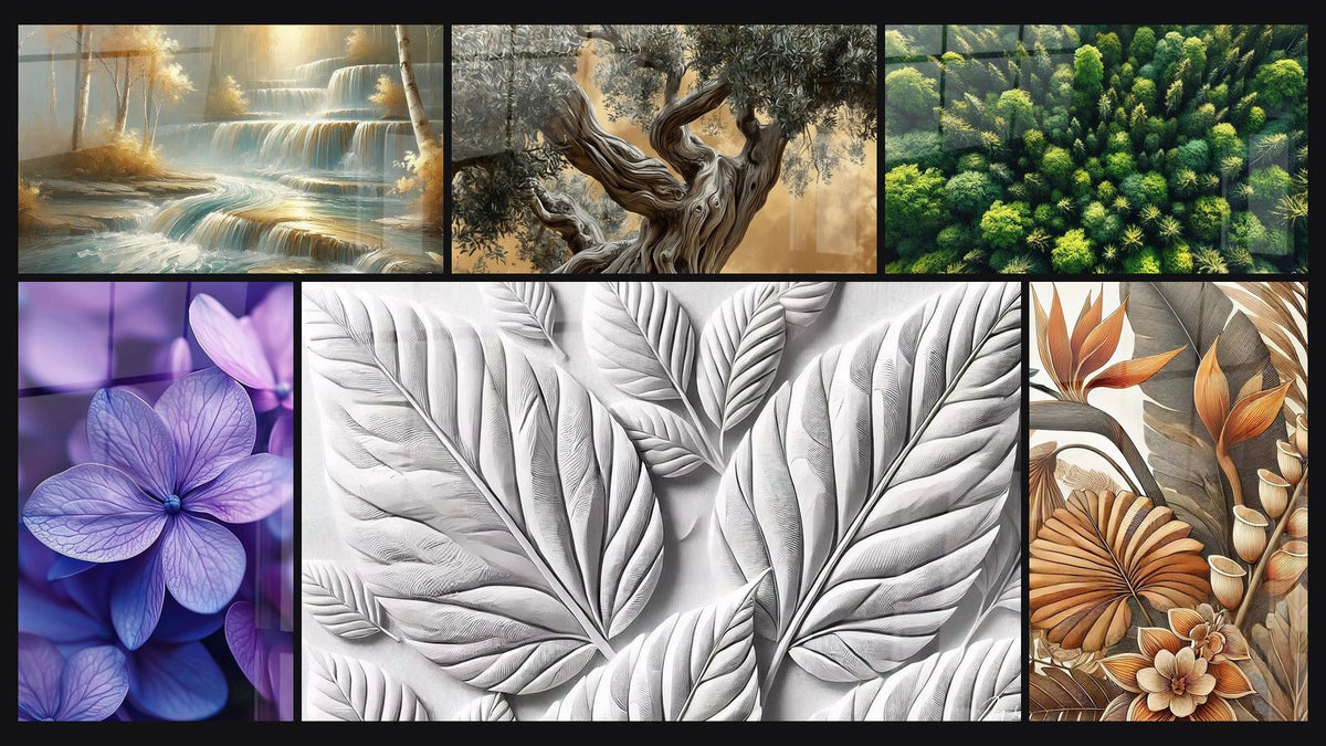 Mosaïque de six tableaux, dont Cascade Dorée, Lilas N°2 et Nature en Relief