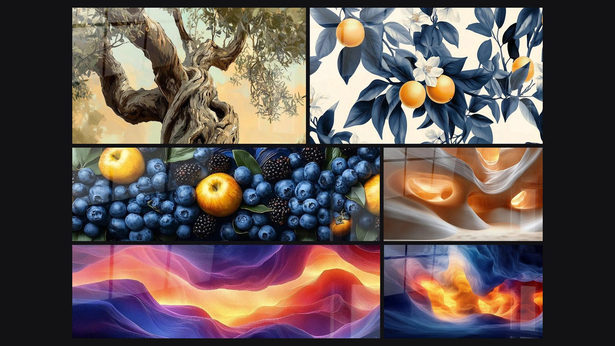 Mosaïque de six tableaux, dont Olivier N°2, Myrtilles Noctambules et Fusion Solaire