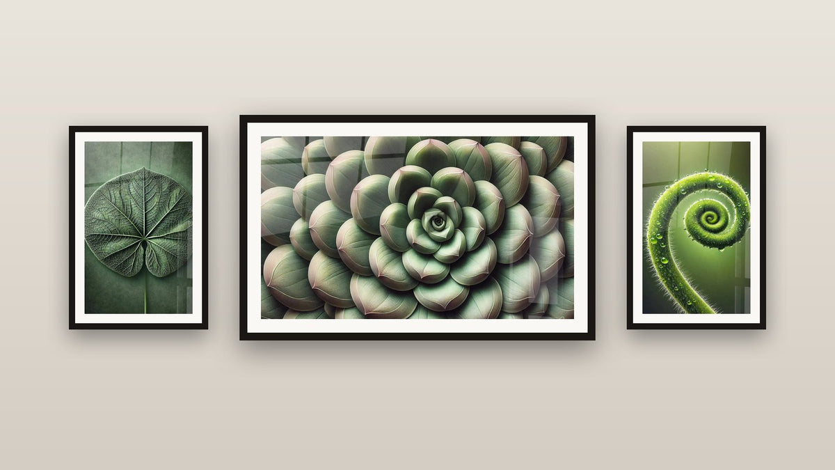 Mur de galerie avec trois tableaux encadrés : Géométrie du Vert, Symétrie Verte et Spirale de Vie