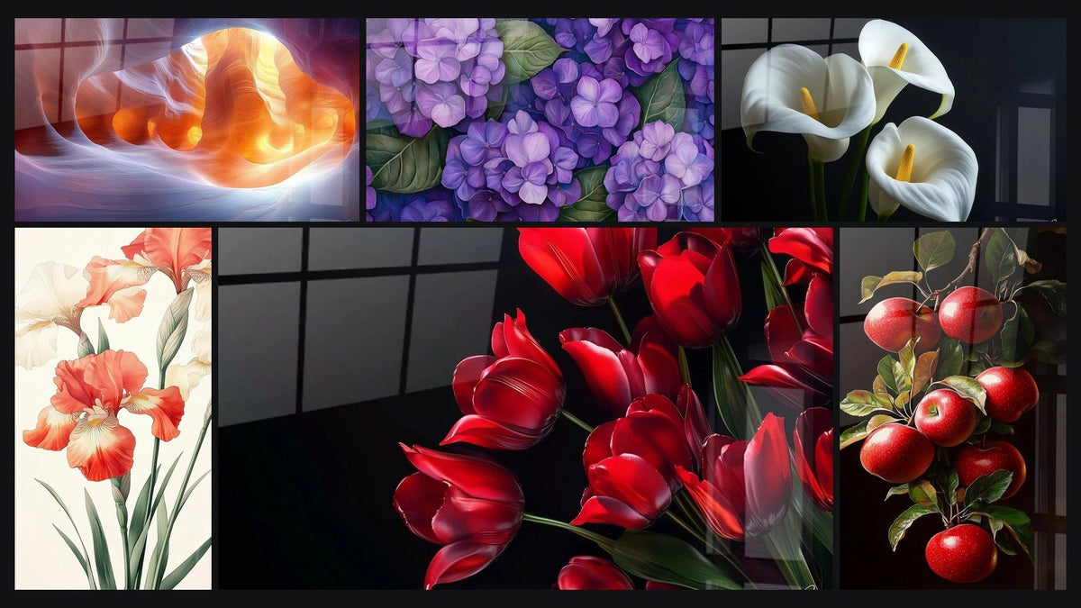 Mosaïque de six tableaux, dont Caverne Lumineuse, Hortensia N°1 et Arum N°4