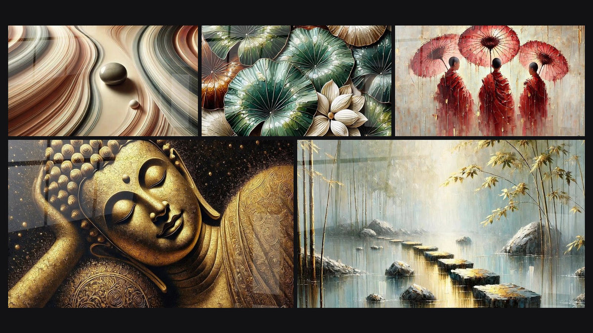 Mosaïque de cinq tableaux, dont Lignes et Perspectives, Le Repos du Sage et Le Chemin Doré