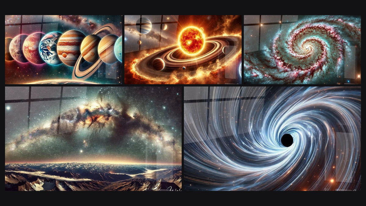 Mosaïque de cinq tableaux, dont L'Ordre des Mondes, Danse des Titans et Échos des Étoiles