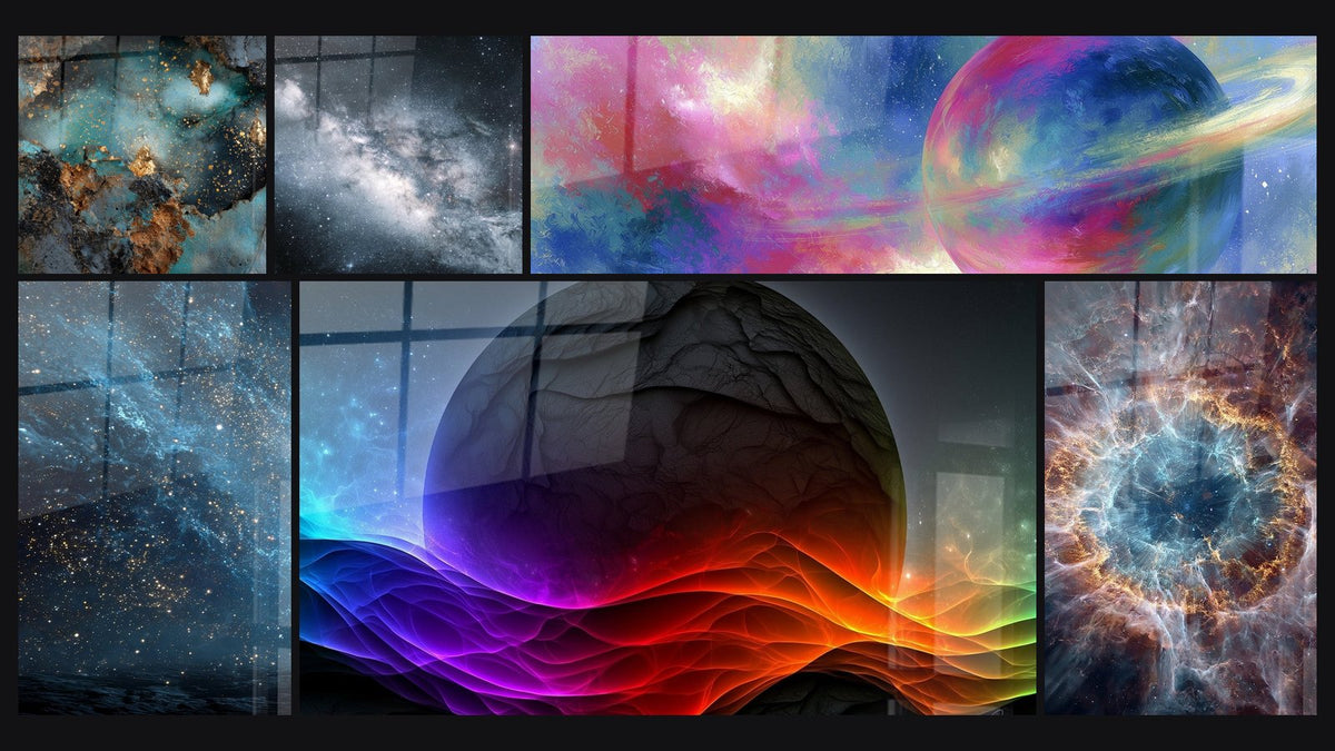 Mosaic of six paintings, including Abstract Galaxy, Cosmic Ocean Nebula and Milky Way