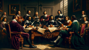 Peinture historique baroque d'une négociation diplomatique du 17ème siècle, hommes en costume d'époque autour d'une table, langage corporel stratégique