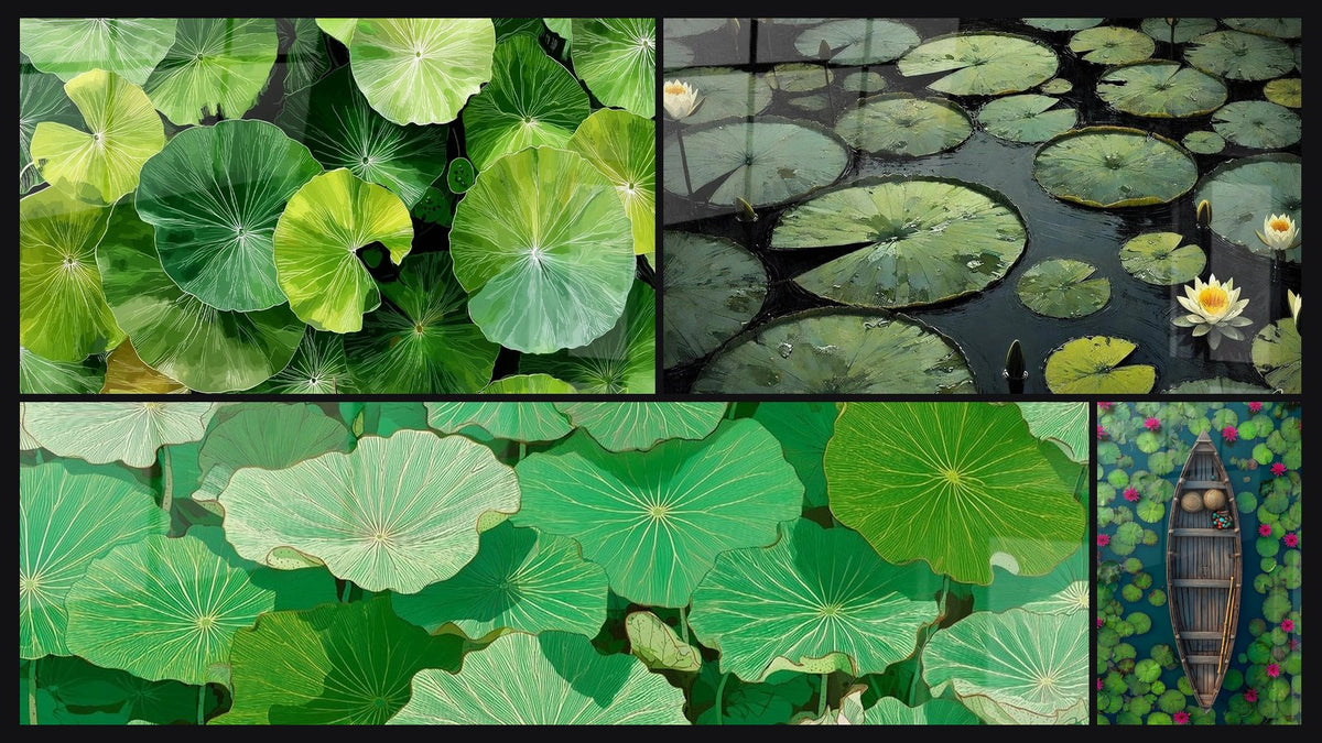 Mosaïque de quatre tableaux, dont Poésie du Lac et Feuilles de Lotus Vertes aux Veines Dorées
