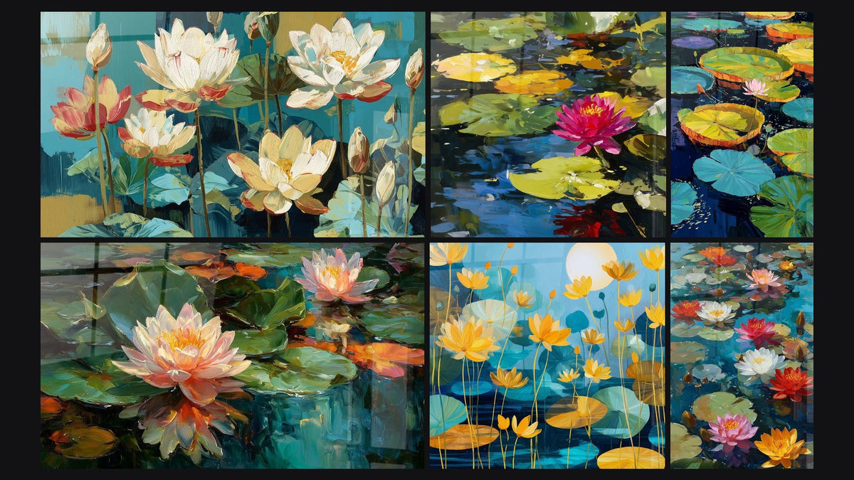 Mosaïque de six tableaux, dont Lotus blancs et roses sur fond turquoise et Nénuphars Dorés sur Fond Bleu Turquoise