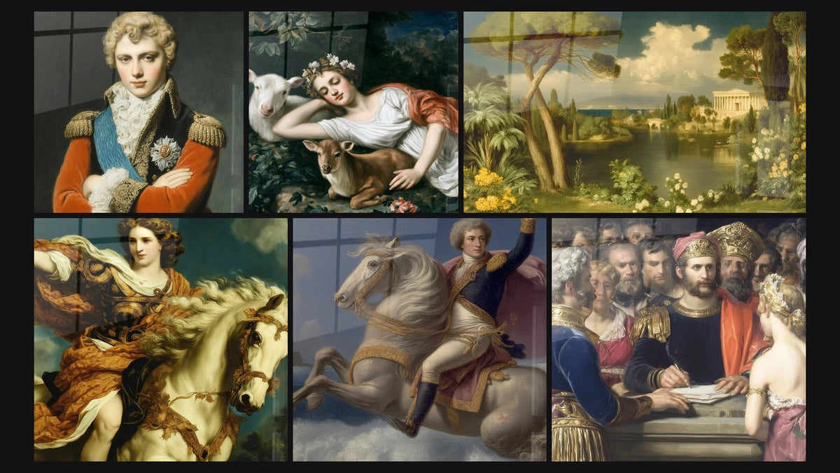 Mosaico di sei quadri, tra cui Ritratto Militare Presenza Maestosa, Guerriera Virtù Eroica e Donna Diane Protettore