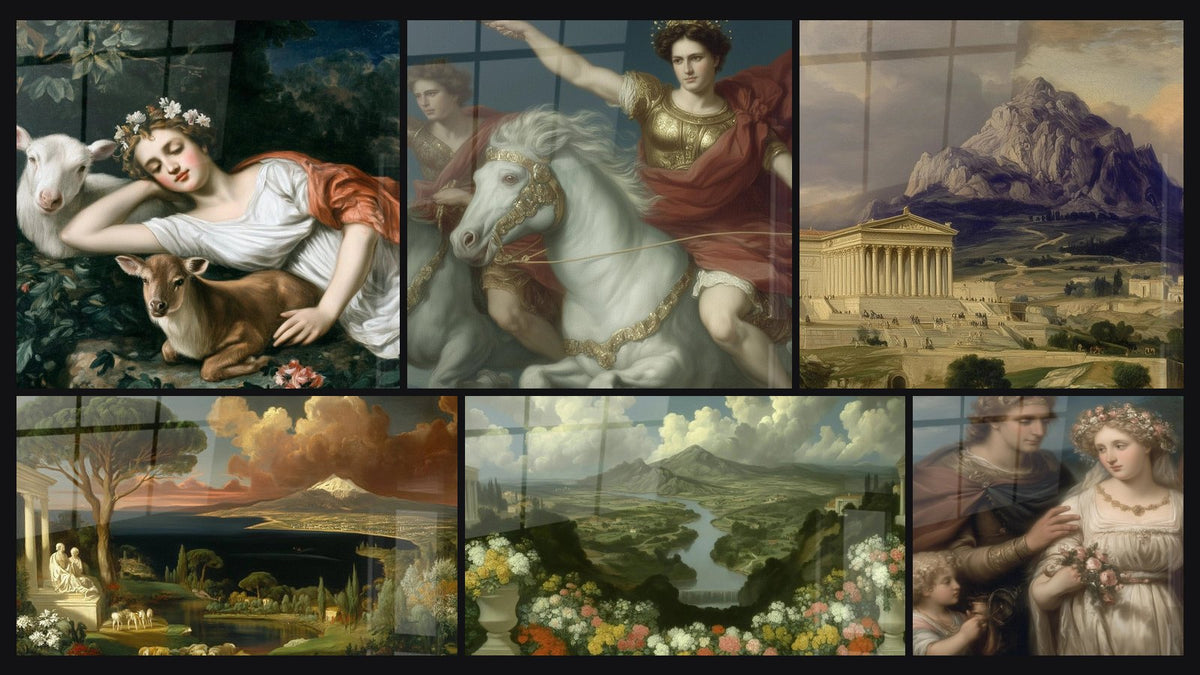 Mosaik aus sechs Gemälden, darunter Frau Diana Beschützerin, Landschaft Arkadien in Blüte und Titelkrieger Ruhm Unsterblich