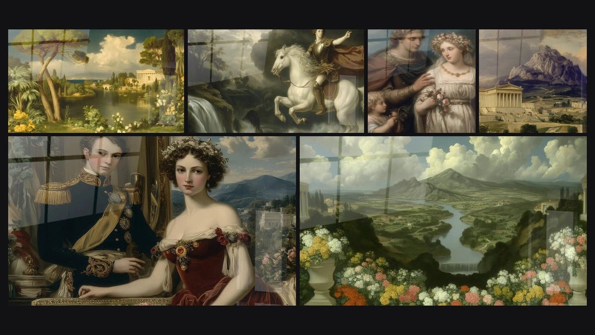 Mosaïque de six tableaux, dont Arcadie Vision Idéale, Cavalier Galop Céleste et Couple aristocratique Grandeur Impériale