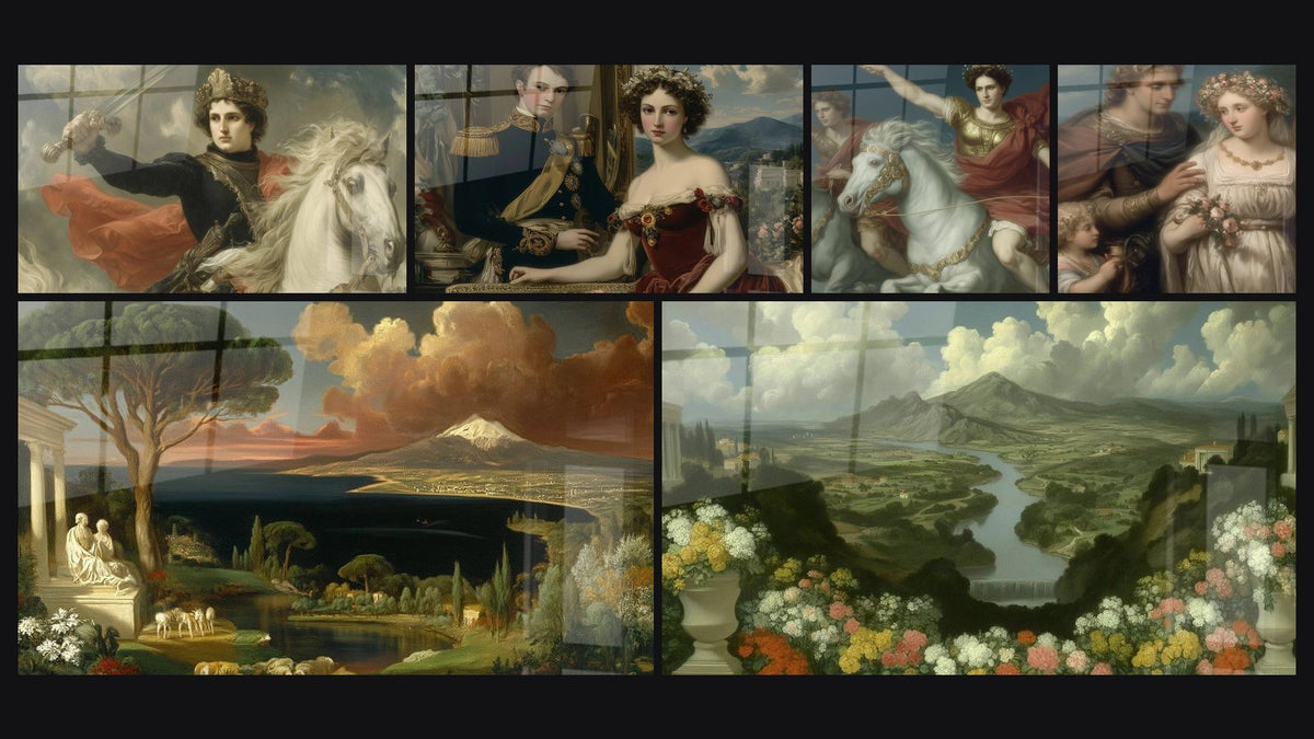 Mosaïque de six tableaux, dont Cavalier Honneur Triumphant, Couple aristocratique Grandeur Impériale et Paysage Baie Naples